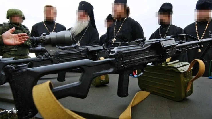 A group of priests of the Russian Orthodox Church, a Russian soldier and an automatic weapon in the foreground
