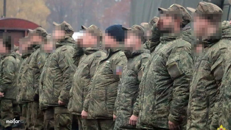 Soldiers in Russian uniforms in formation