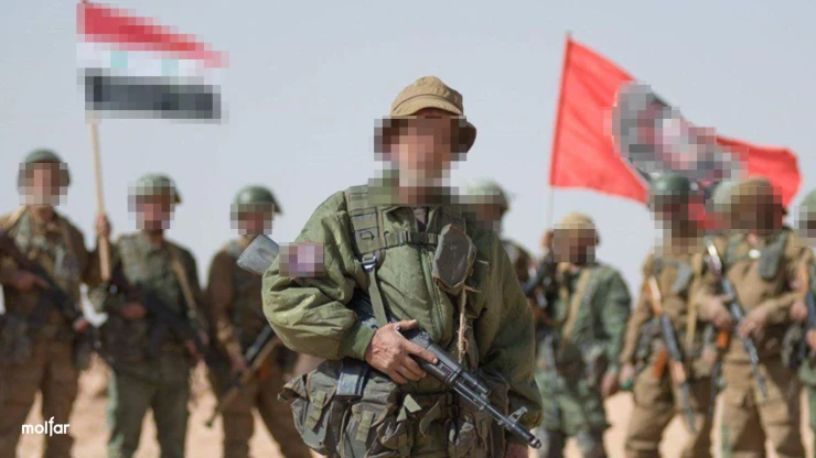 A group of armed men with blurred flags